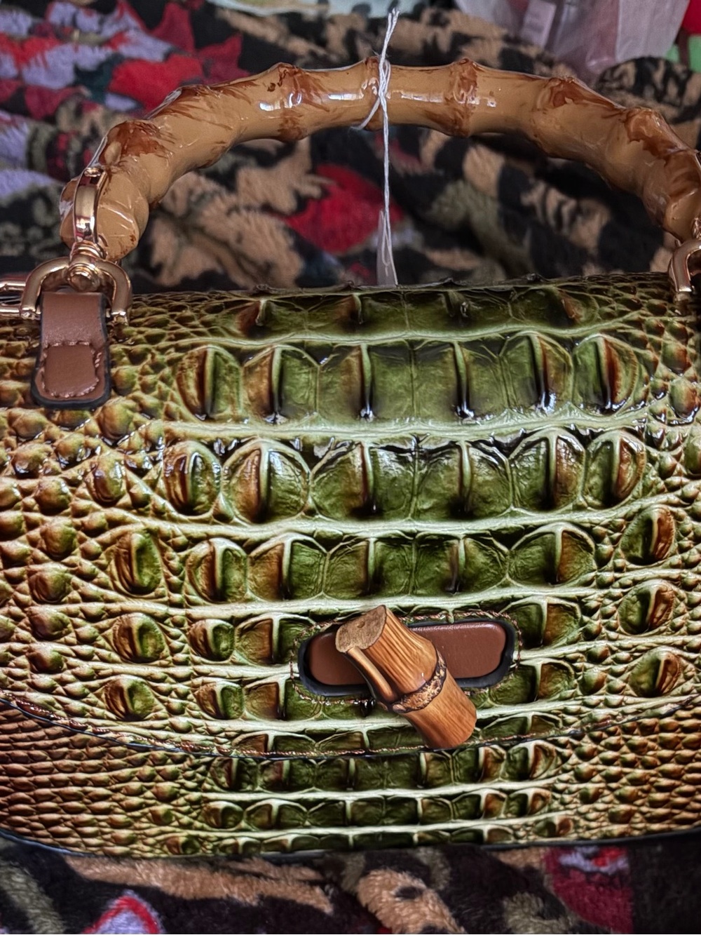 Green Croc-Embossed Satchel with Bamboo Handle
